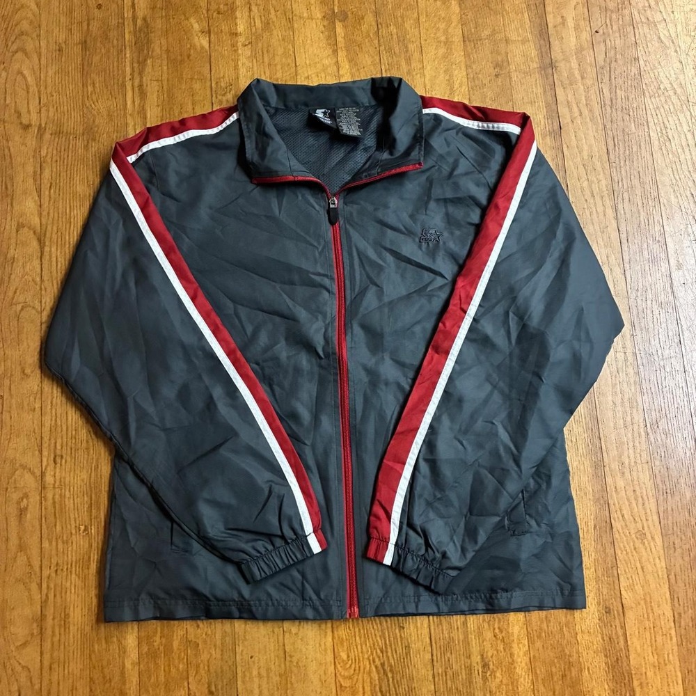 Vintage Starter Windbreaker Jacket Mens Medium Gray Red White Full Zip Mesh